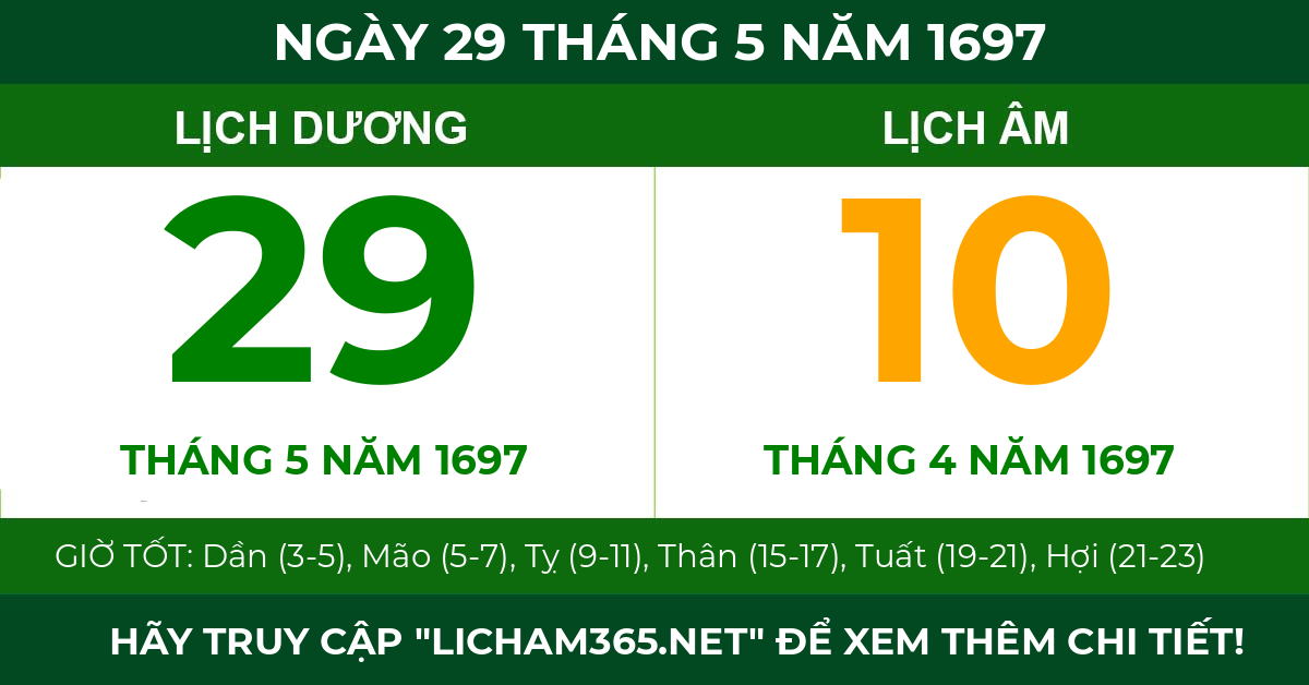 lịch âm ngày 29 tháng 5 năm 1697