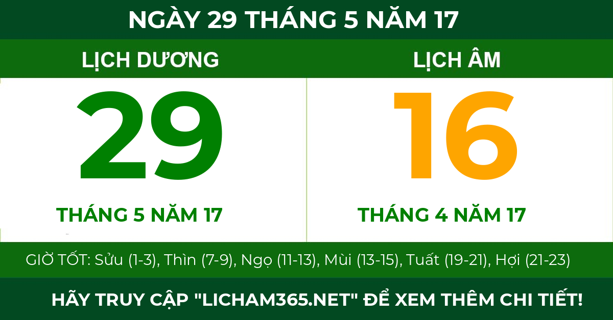 lịch âm ngày 29 tháng 5 năm 17