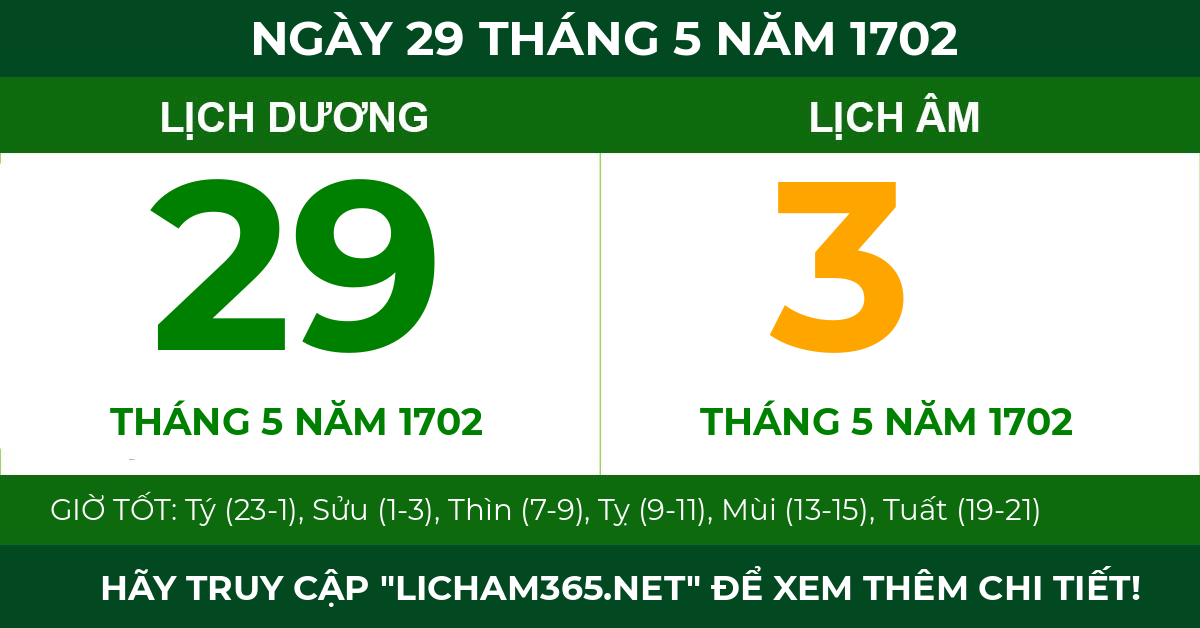 lịch âm ngày 29 tháng 5 năm 1702