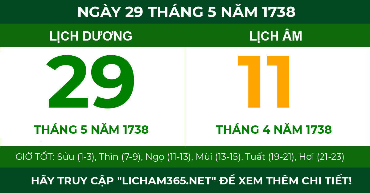 lịch âm ngày 29 tháng 5 năm 1738