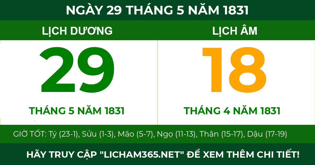 lịch âm ngày 29 tháng 5 năm 1831