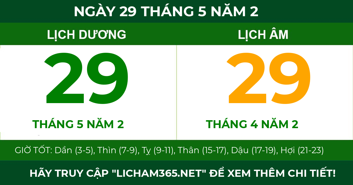 lịch âm ngày 29 tháng 5 năm 2