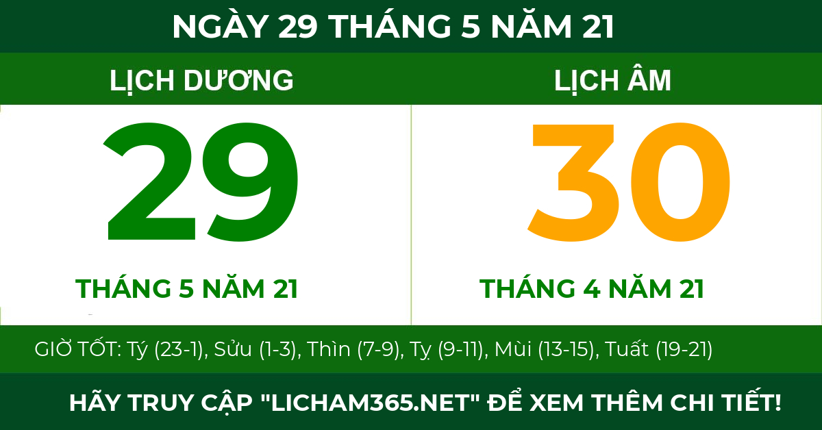 lịch âm ngày 29 tháng 5 năm 21
