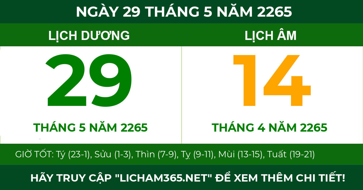 lịch âm ngày 29 tháng 5 năm 2265