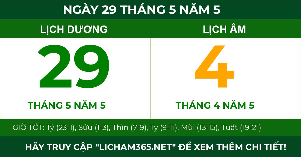 lịch âm ngày 29 tháng 5 năm 5