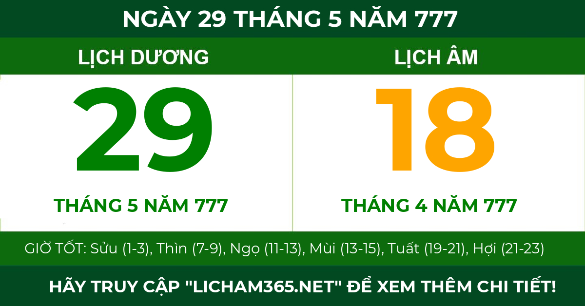 lịch âm ngày 29 tháng 5 năm 777