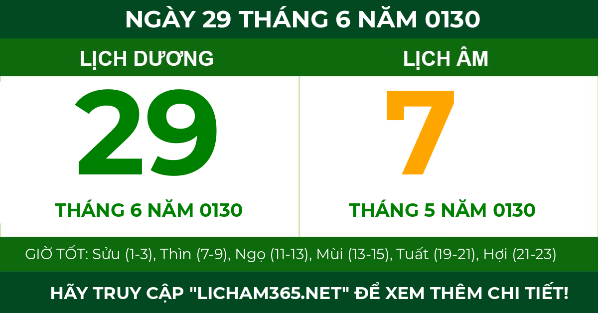 lịch âm ngày 29 tháng 6 năm 0130