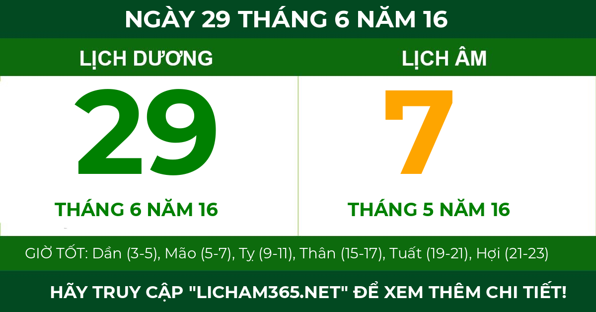 lịch âm ngày 29 tháng 6 năm 16