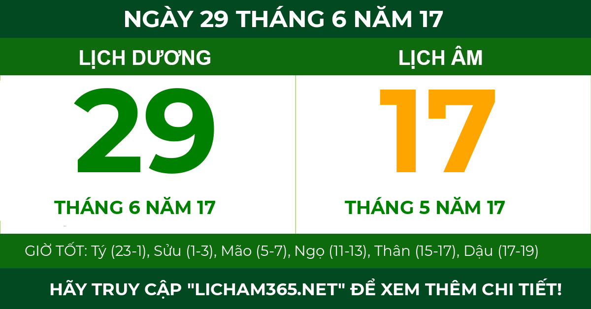 lịch âm ngày 29 tháng 6 năm 17