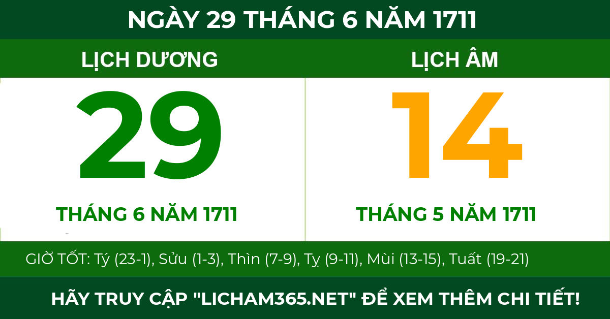 lịch âm ngày 29 tháng 6 năm 1711