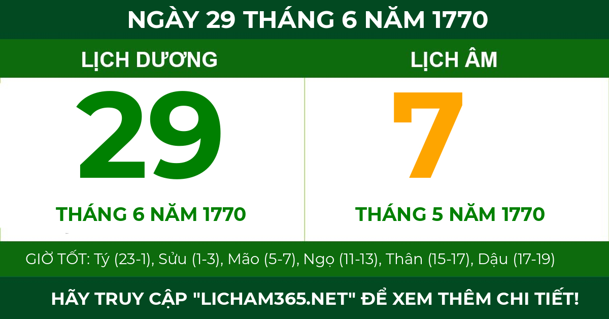 lịch âm ngày 29 tháng 6 năm 1770