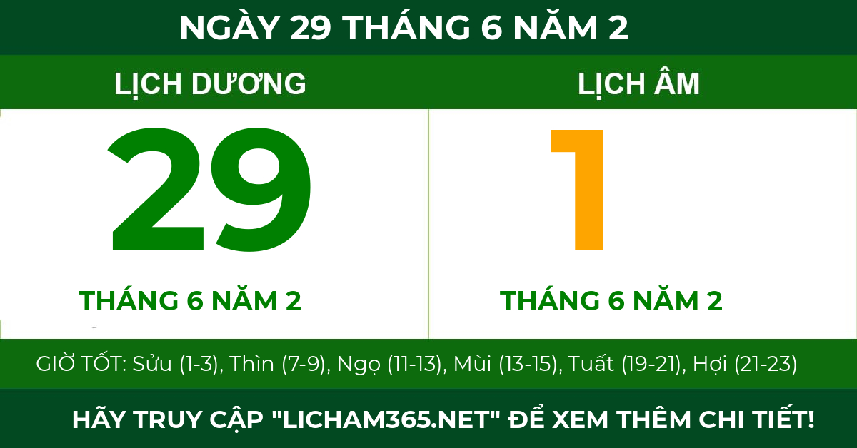 lịch âm ngày 29 tháng 6 năm 2