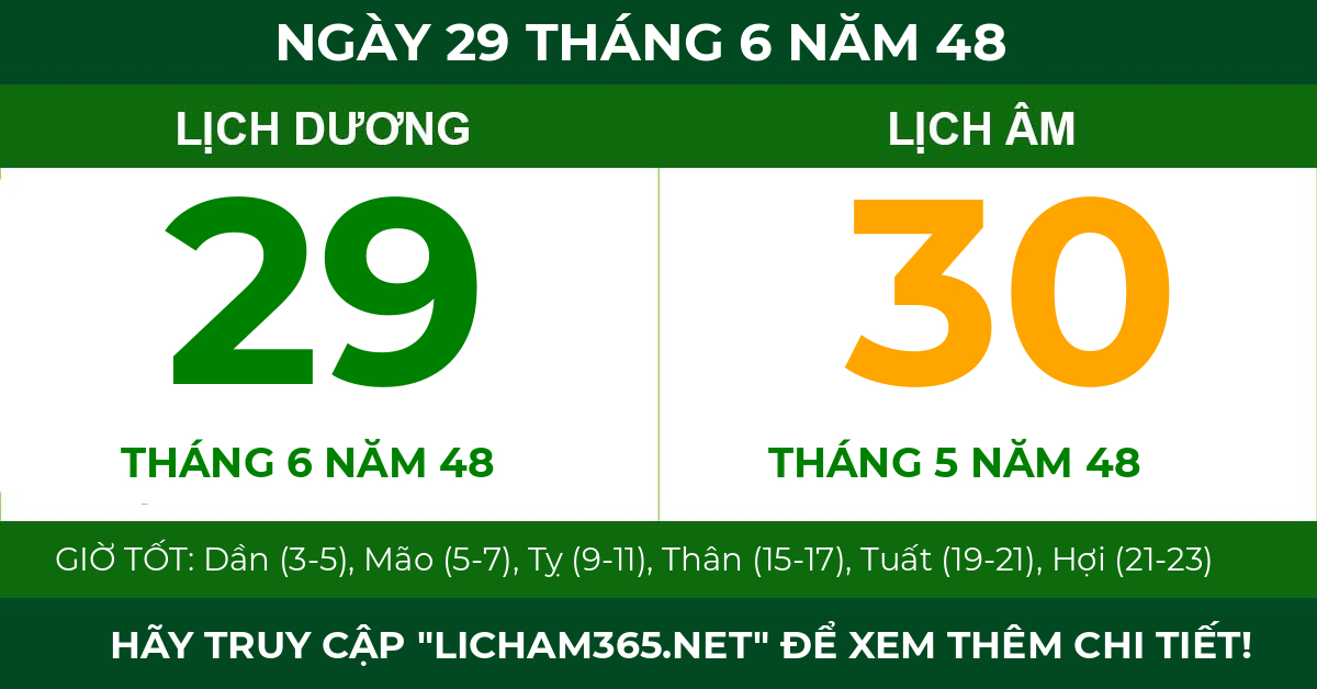 lịch âm ngày 29 tháng 6 năm 48