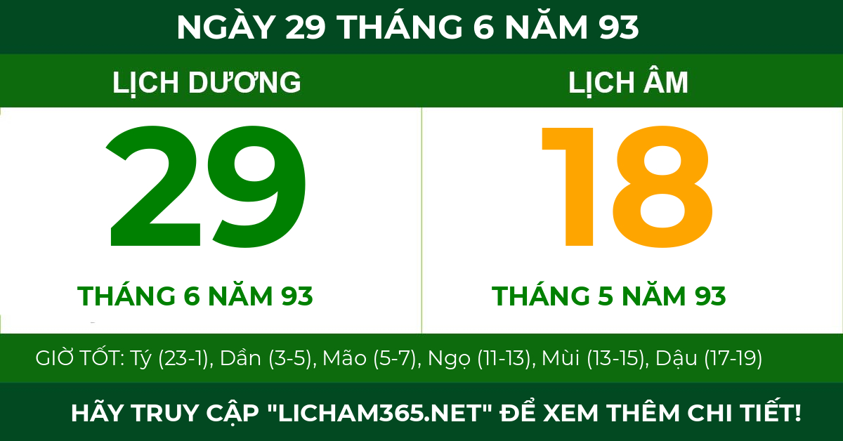 lịch âm ngày 29 tháng 6 năm 93