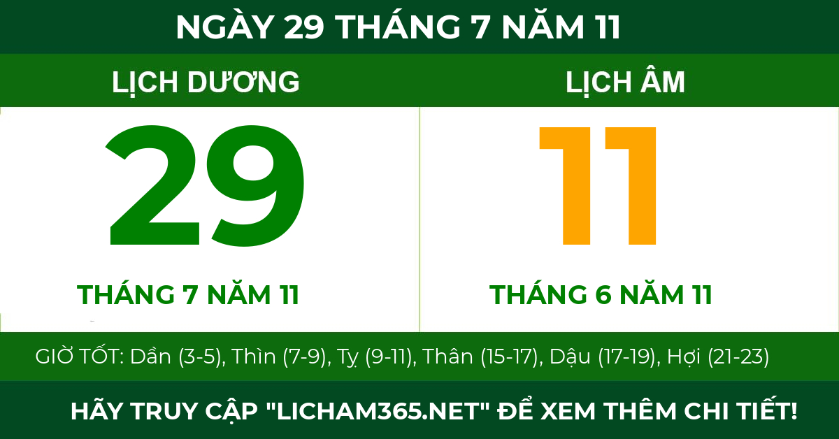 lịch âm ngày 29 tháng 7 năm 11