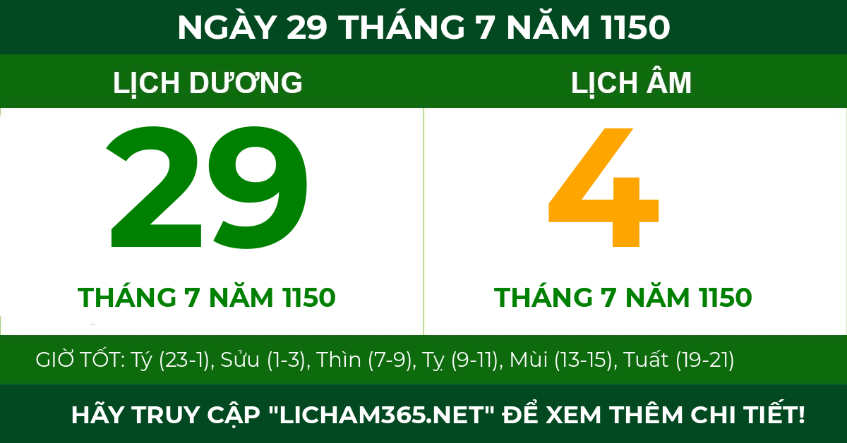 lịch âm ngày 29 tháng 7 năm 1150
