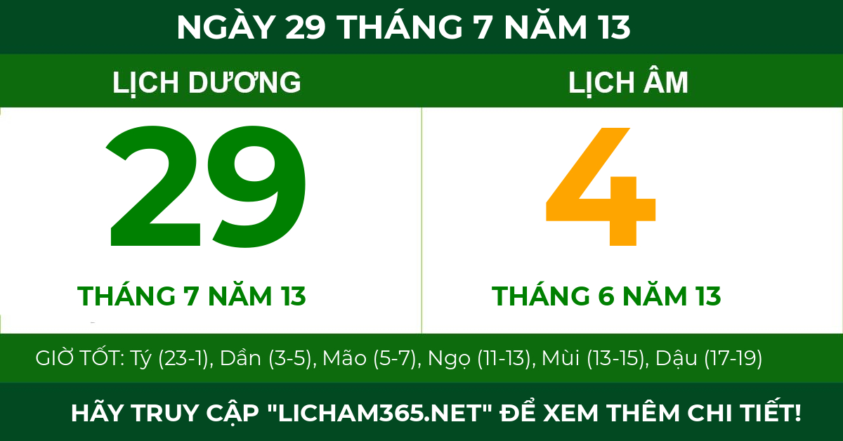 lịch âm ngày 29 tháng 7 năm 13