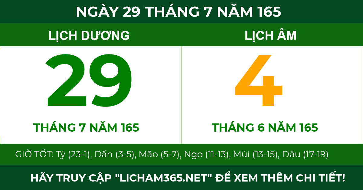 lịch âm ngày 29 tháng 7 năm 165