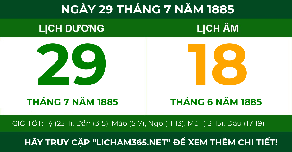 lịch âm ngày 29 tháng 7 năm 1885