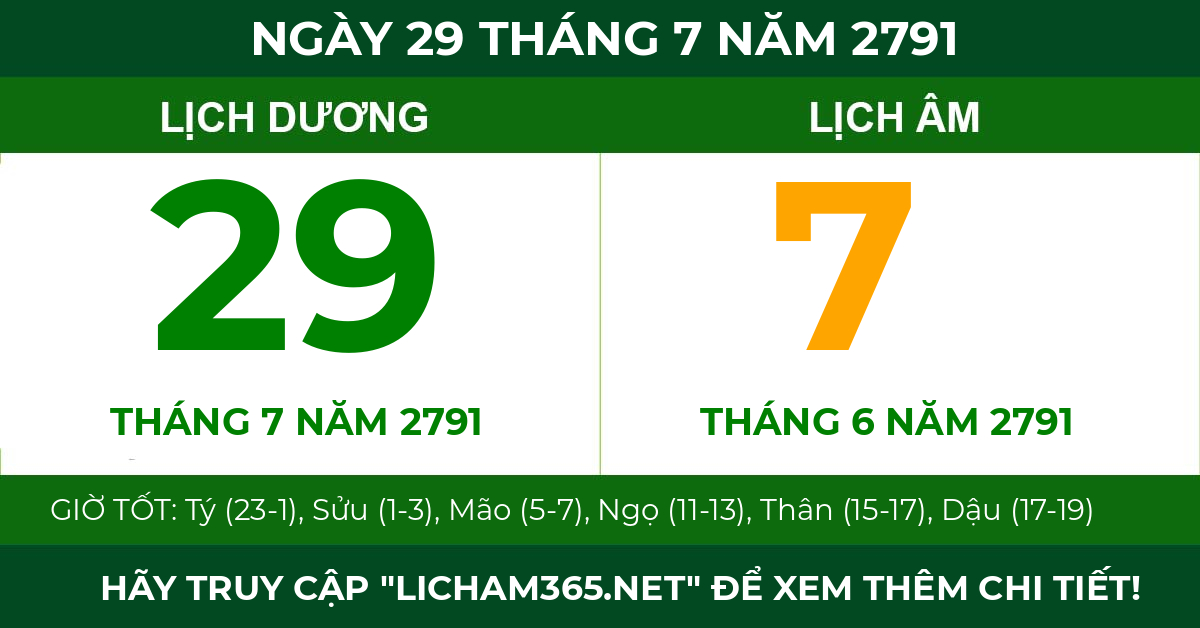 lịch âm ngày 29 tháng 7 năm 2791
