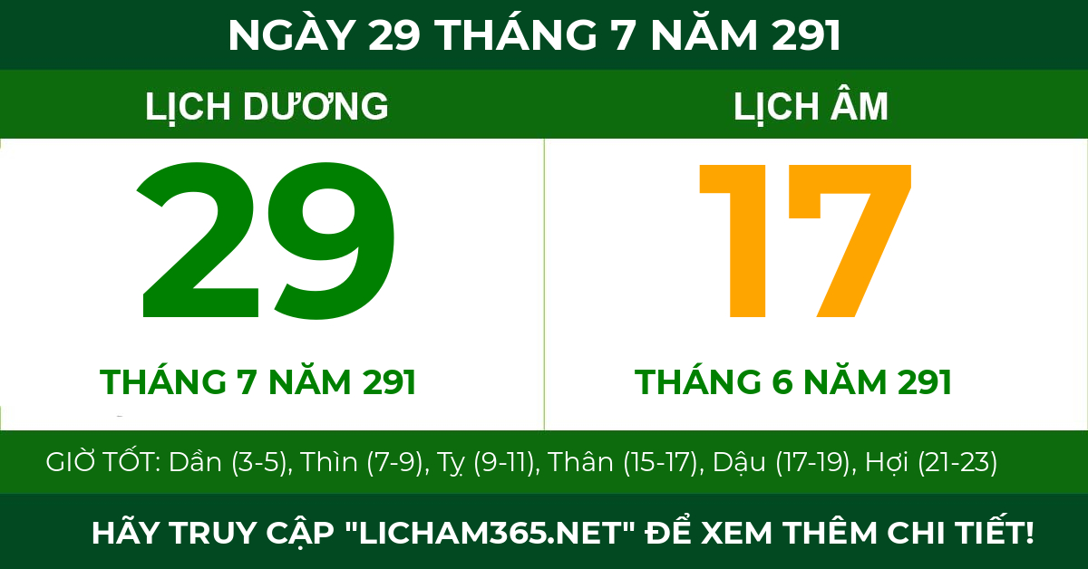 lịch âm ngày 29 tháng 7 năm 291