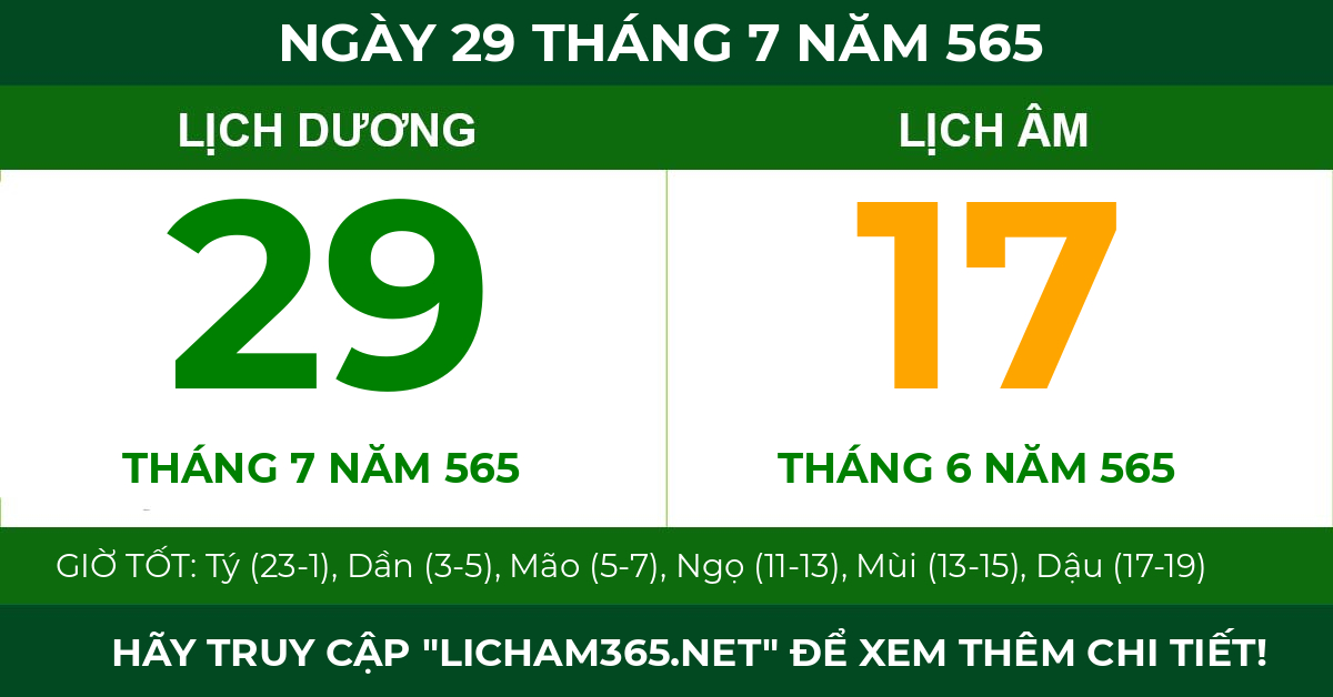 lịch âm ngày 29 tháng 7 năm 565