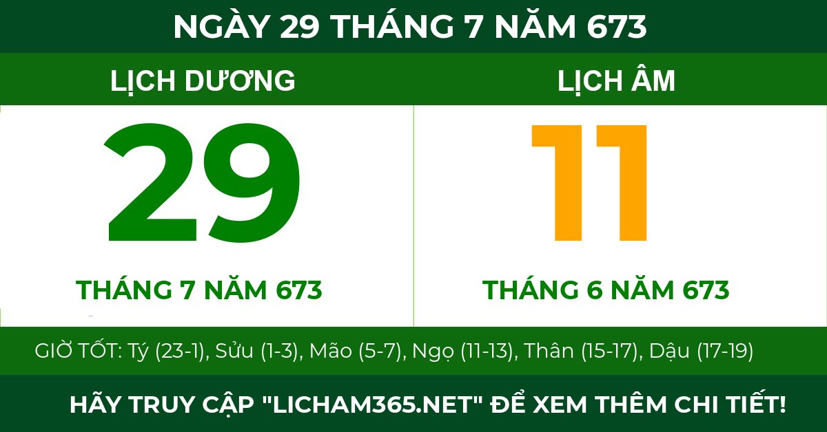 lịch âm ngày 29 tháng 7 năm 673