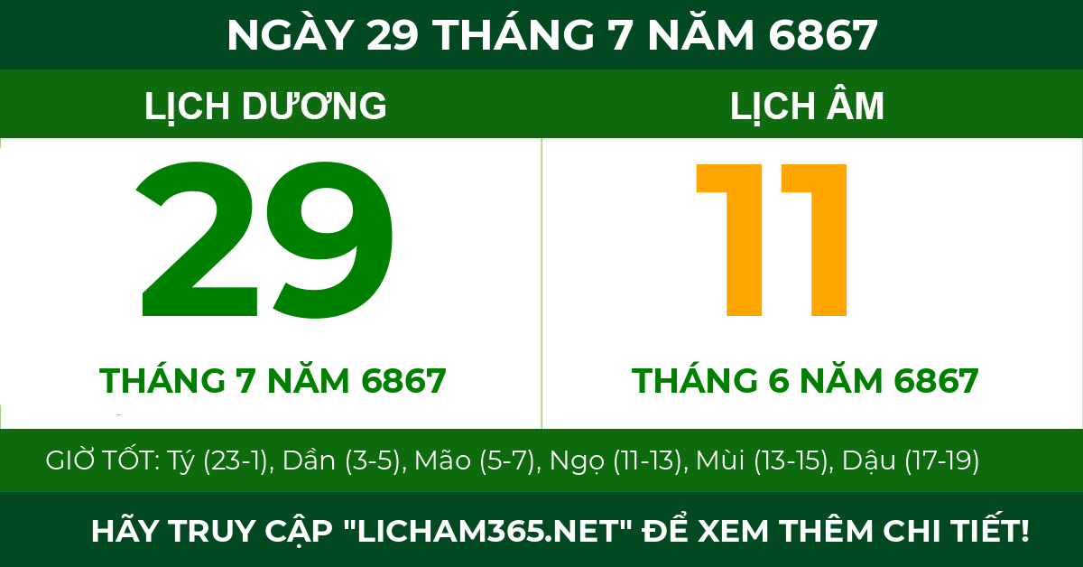 lịch âm ngày 29 tháng 7 năm 6867