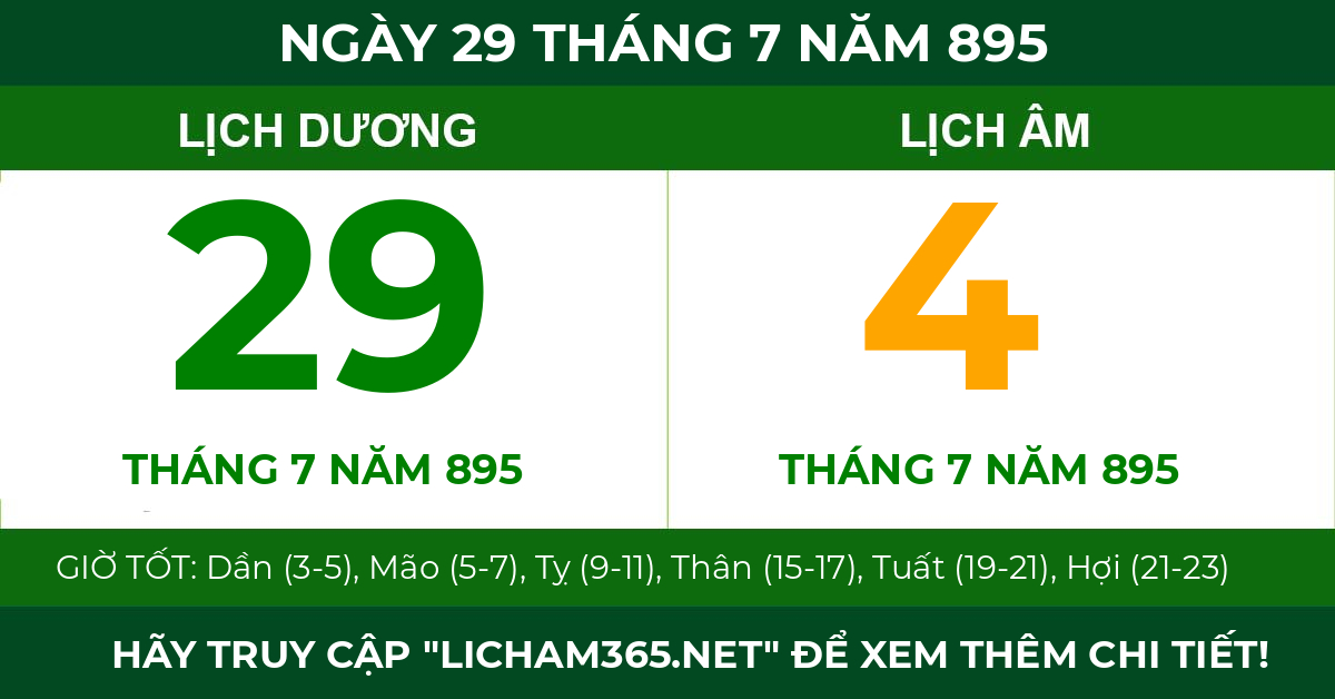 lịch âm ngày 29 tháng 7 năm 895