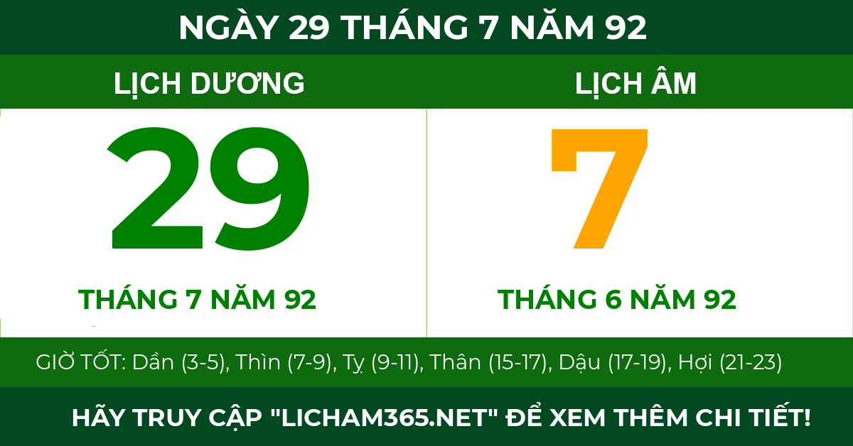lịch âm ngày 29 tháng 7 năm 92