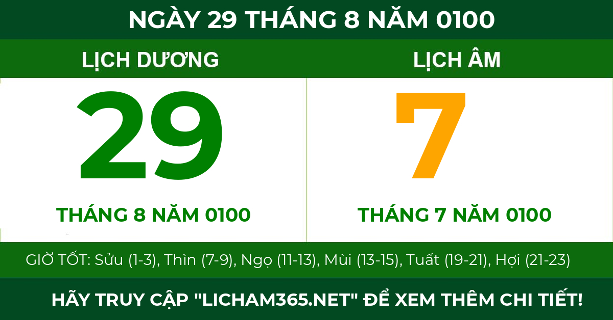 lịch âm ngày 29 tháng 8 năm 0100
