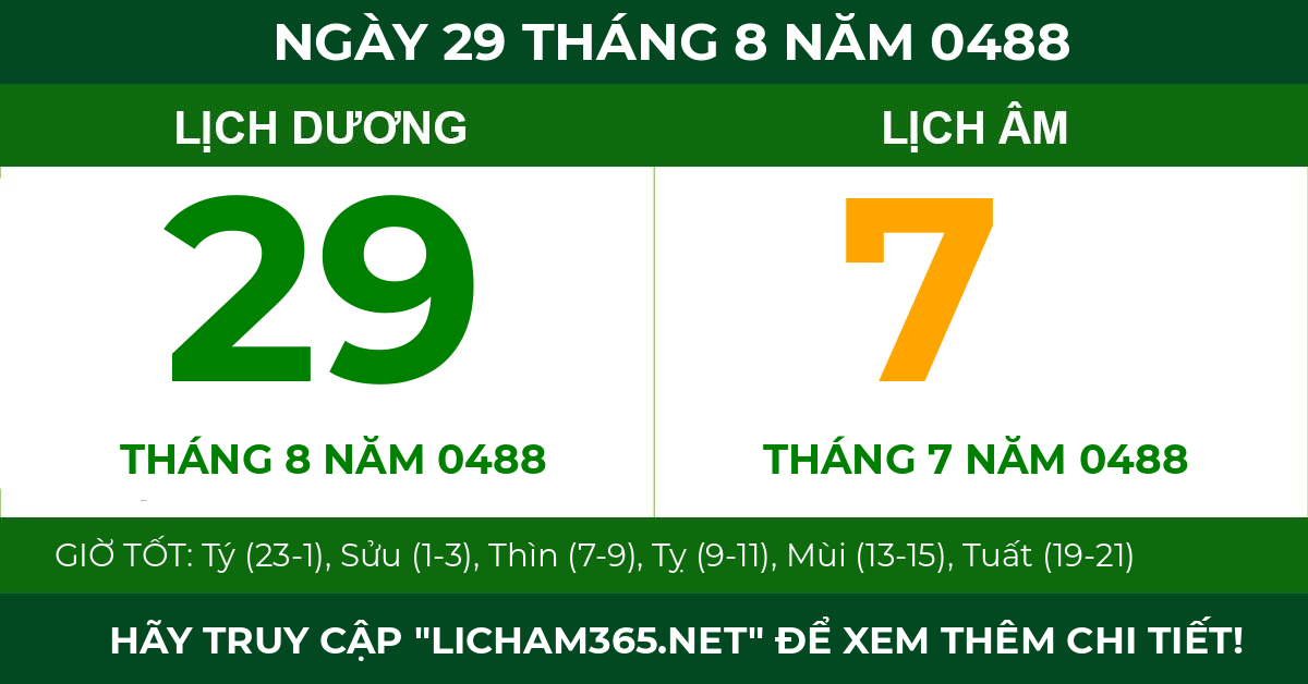 lịch âm ngày 29 tháng 8 năm 0488
