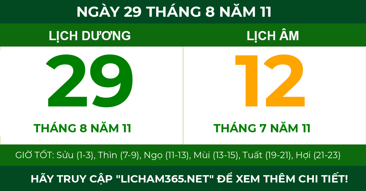 lịch âm ngày 29 tháng 8 năm 11