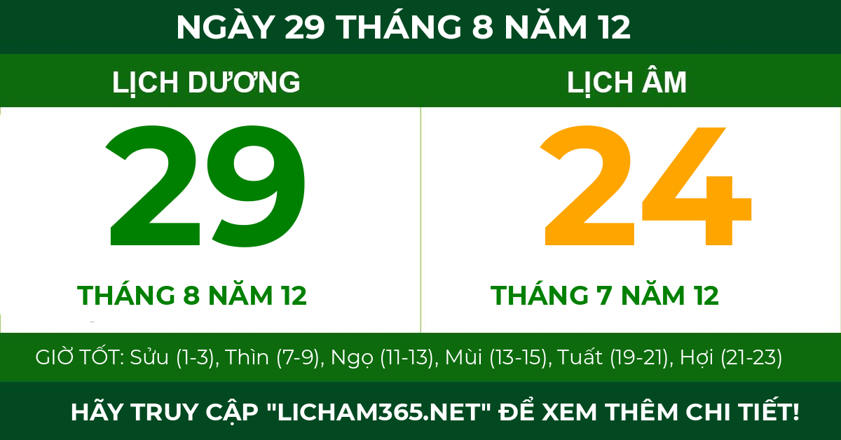 lịch âm ngày 29 tháng 8 năm 12