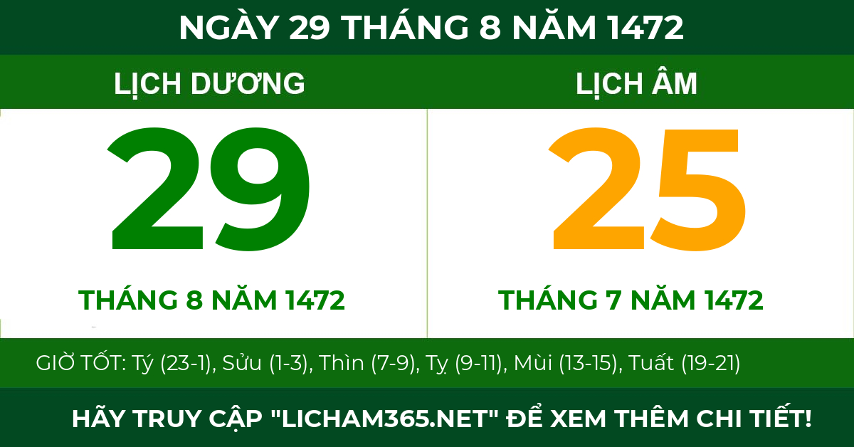 lịch âm ngày 29 tháng 8 năm 1472