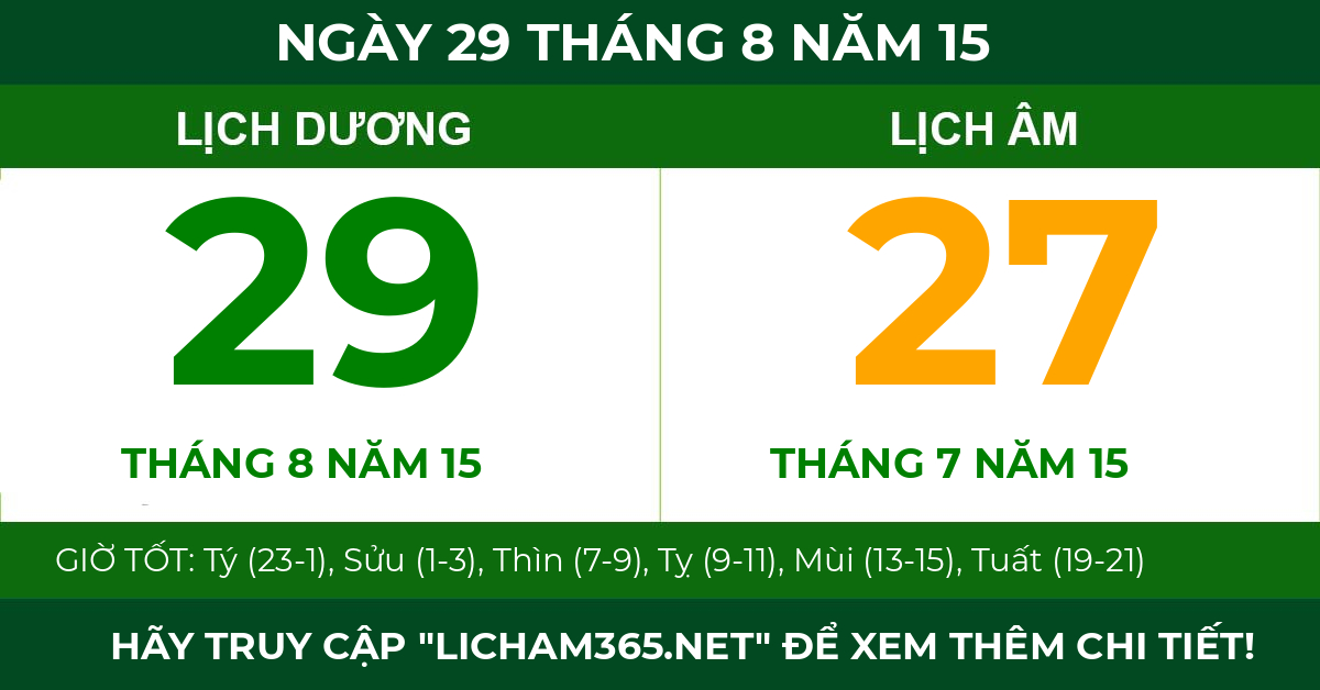 lịch âm ngày 29 tháng 8 năm 15