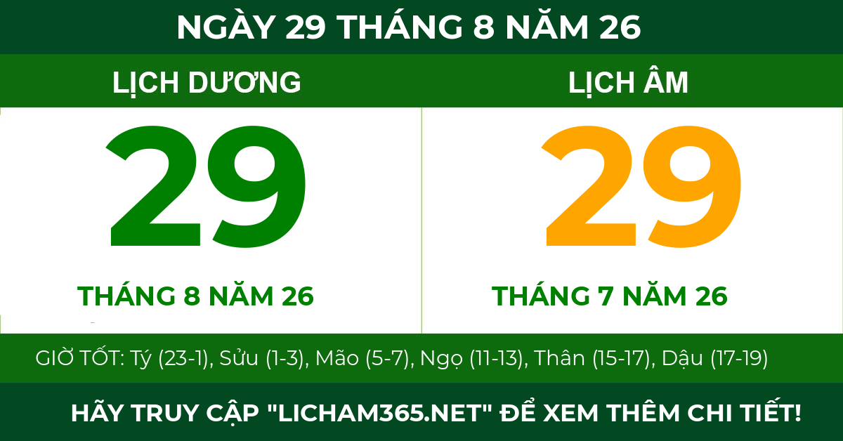 lịch âm ngày 29 tháng 8 năm 26