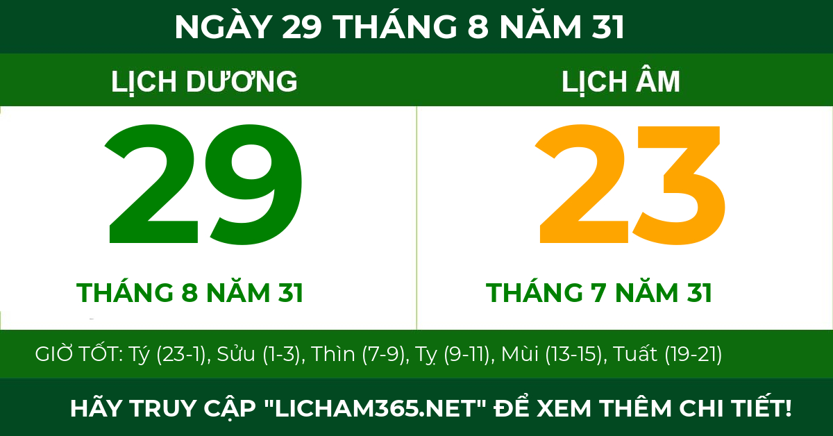 lịch âm ngày 29 tháng 8 năm 31