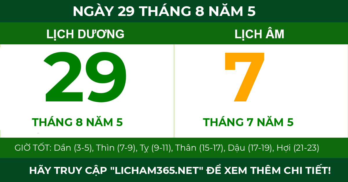 lịch âm ngày 29 tháng 8 năm 5