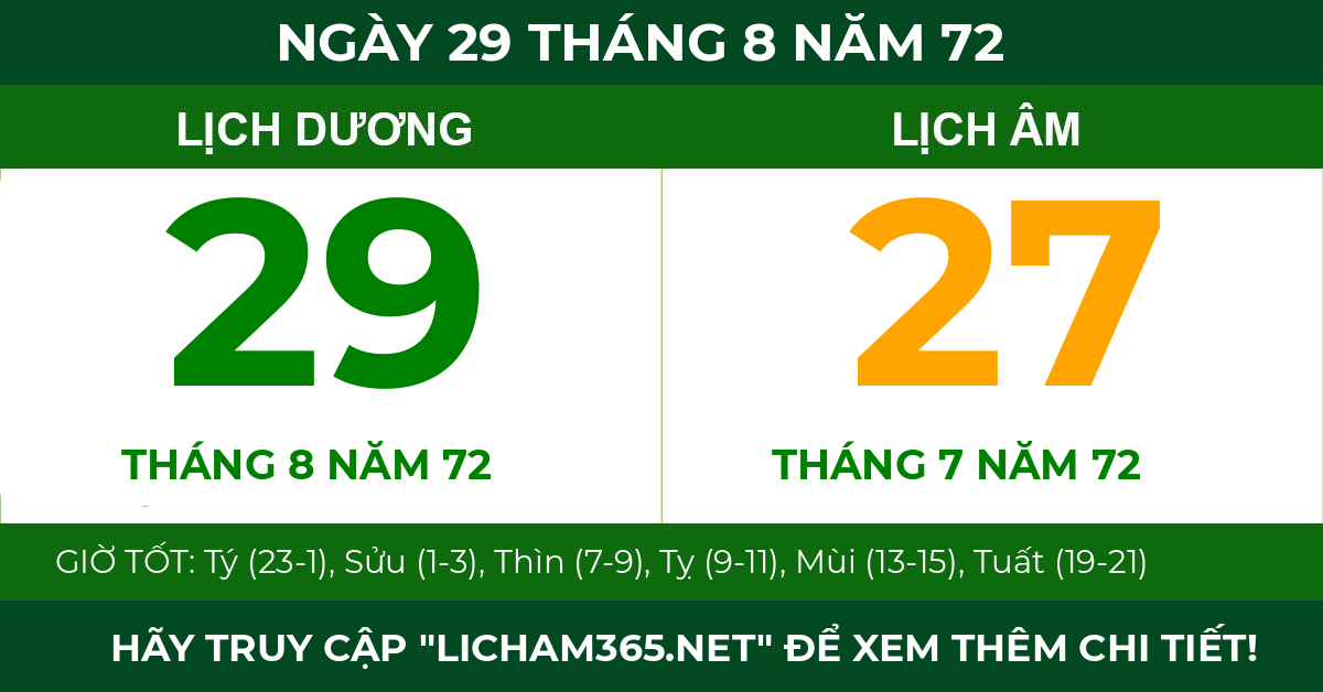 lịch âm ngày 29 tháng 8 năm 72