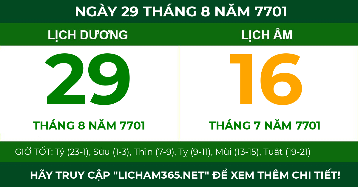 lịch âm ngày 29 tháng 8 năm 7701