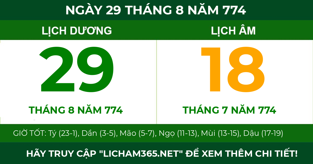 lịch âm ngày 29 tháng 8 năm 774