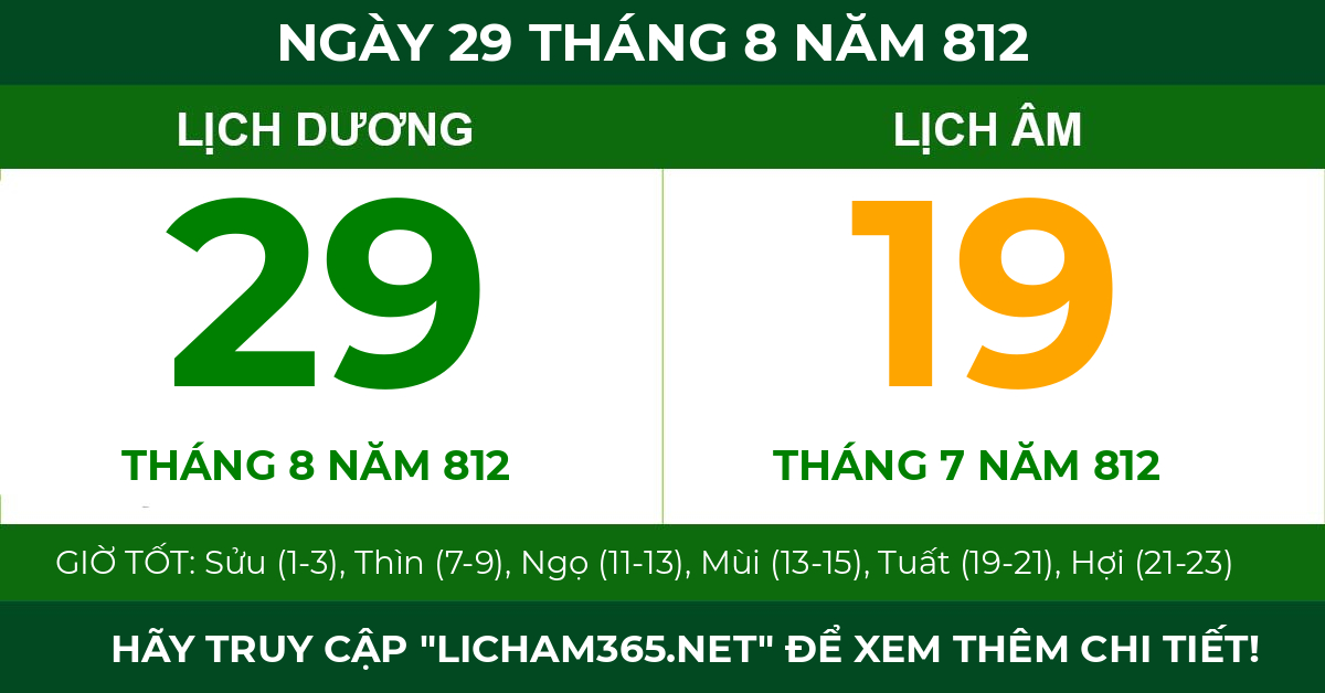 lịch âm ngày 29 tháng 8 năm 812