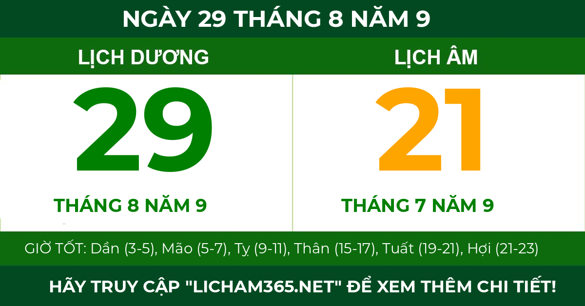 lịch âm ngày 29 tháng 8 năm 9