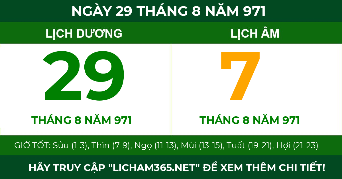 lịch âm ngày 29 tháng 8 năm 971