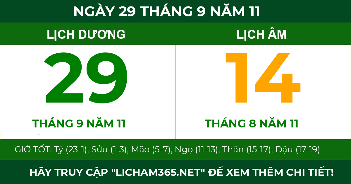 lịch âm ngày 29 tháng 9 năm 11