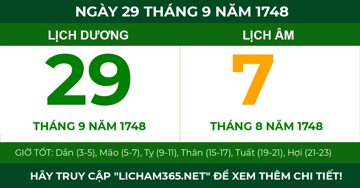 lịch âm ngày 29 tháng 9 năm 1748