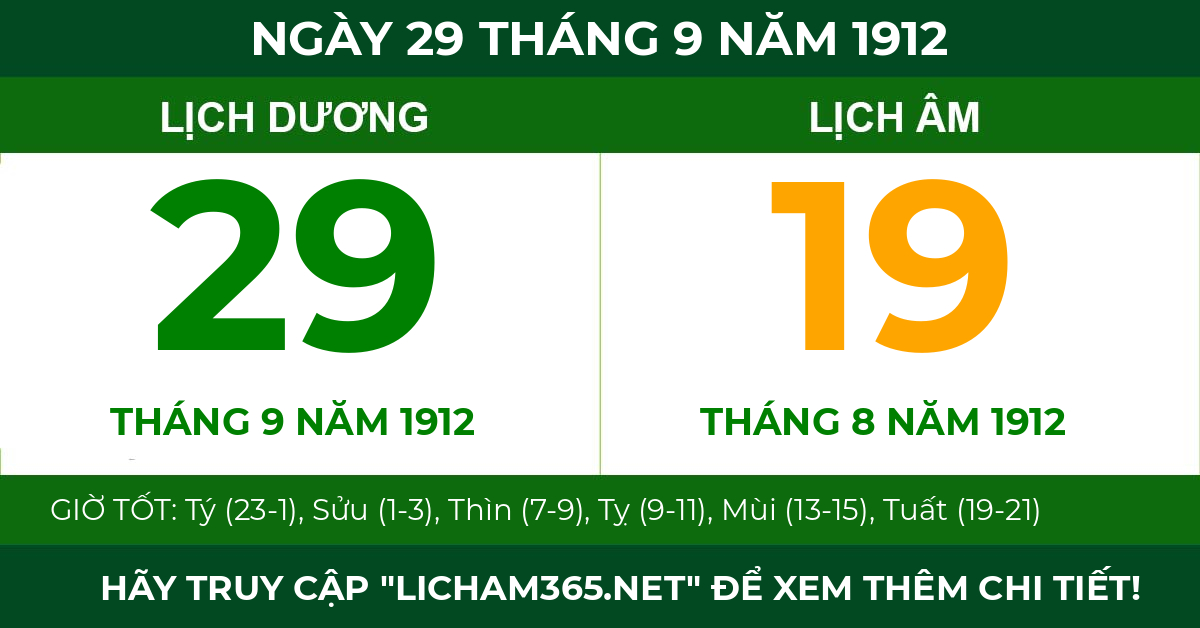 lịch âm ngày 29 tháng 9 năm 1912