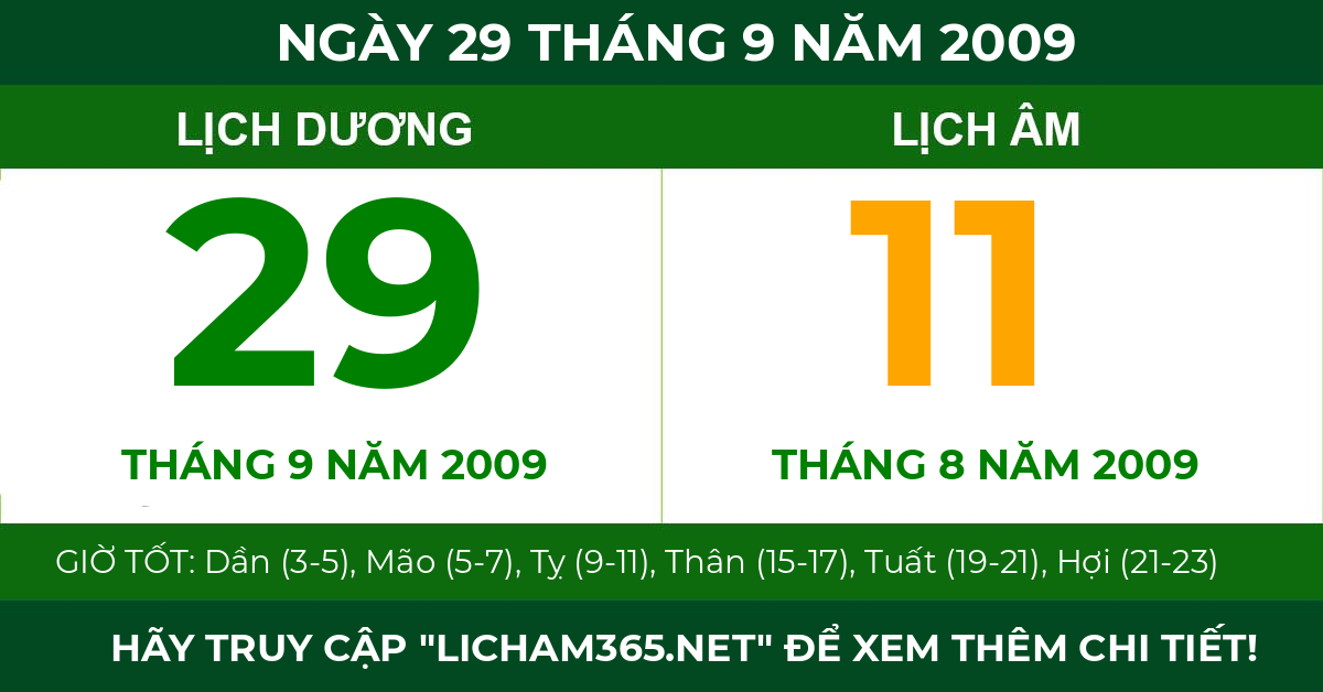 lịch âm ngày 29 tháng 9 năm 2009