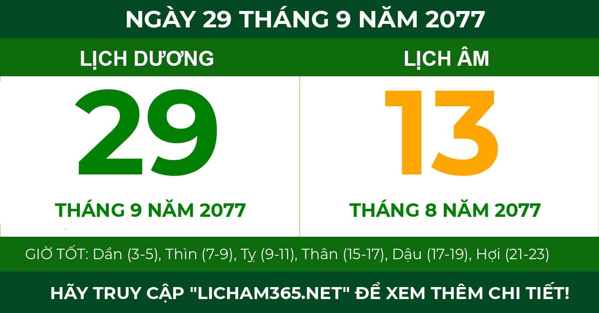 lịch âm ngày 29 tháng 9 năm 2077